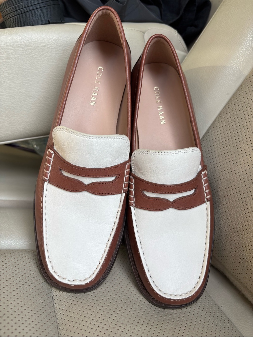 Cole Haan White and Brown Leather Penny Loafers